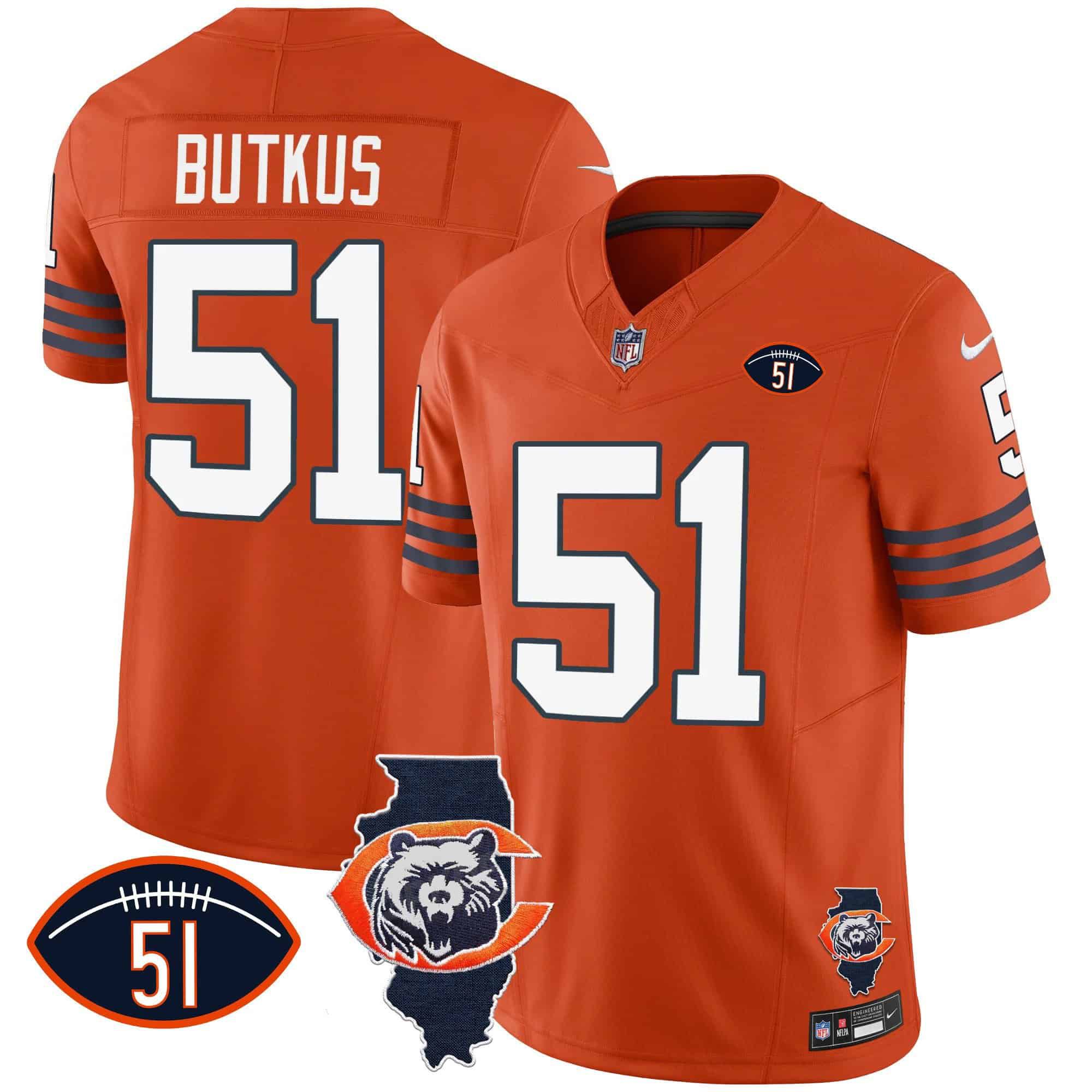 Men Chicago Bears #51 Butkus Orange 2024 Nike Throwback Illinois Patch Vapor NFL Jersey